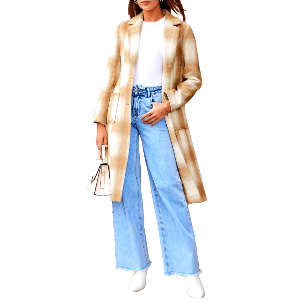 Long Trench Wrap Front Coat Camel White Plaid Poly Blend Festival Spring New